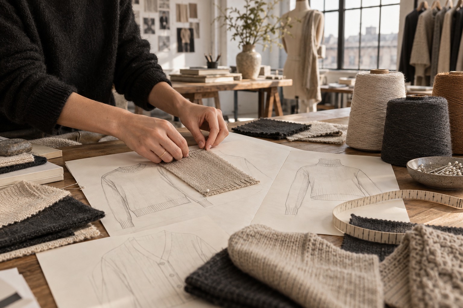 Knitwear sketches, swatches and yarn cones on a design studio table